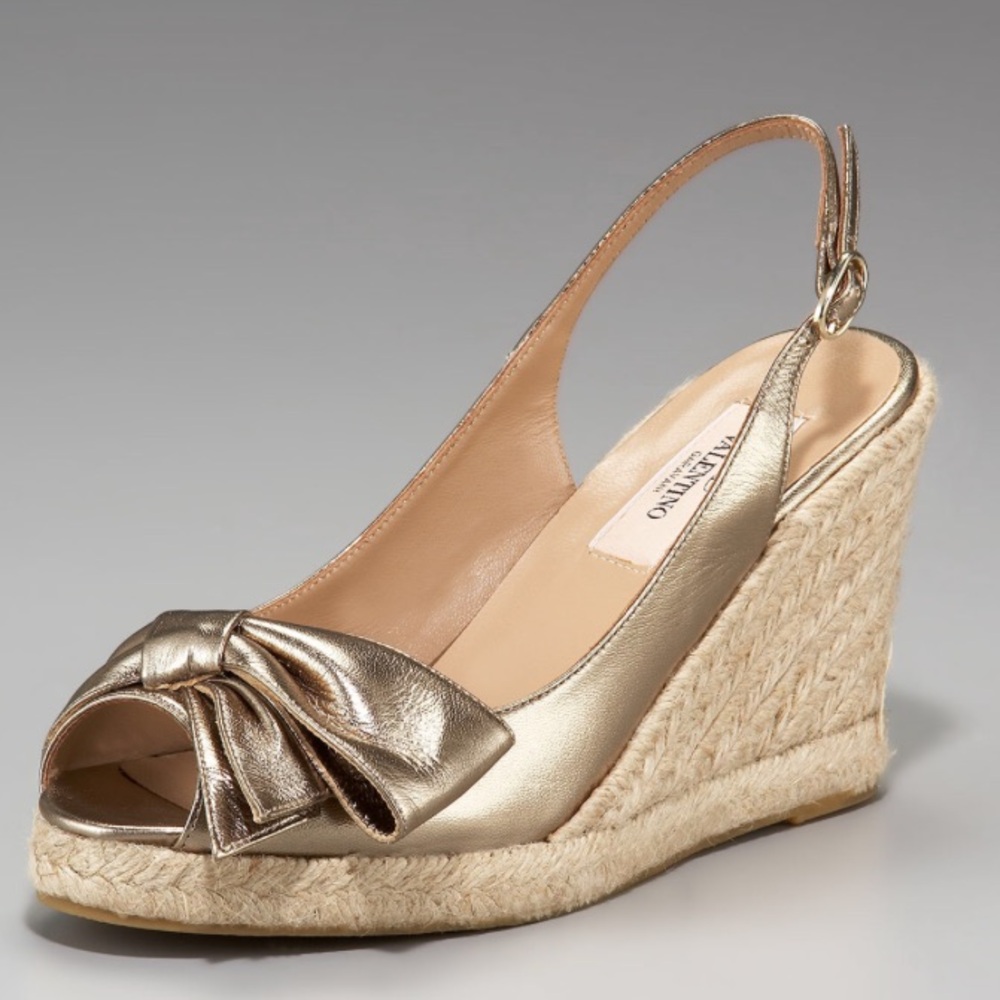 Valentino Gold Metallic Bow Espadrille Wedge Slingbacks